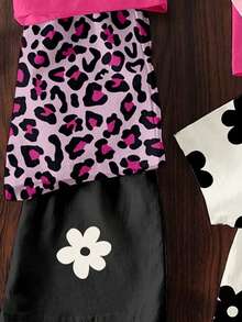 6pcs/Set Young Girl Light Pink Summer School Casual T-Shirt And Shorts Outfits,Floral,Leopard Print,Bow Decor,Funny Slogan Graphic Print Cozy Outfits - Multicolor - View 4