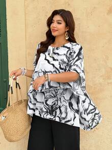 Weeklong Plus Size Chiffon Asymmetrical Layered Flare Sleeve Top + Double-Layer Chiffon Wide Leg Pants 2 Pieces Set, Casual Vacation Commute - Multicolor - View 8