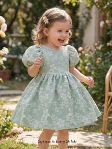 SHEIN Glamorique Kids 女婴优雅绿色提花泡泡袖圆领收腰可爱蓬蓬裙 - 綠色 - 查看 11