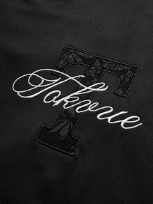 TOKVUE Camiseta casual de manga corta con cuello redondo, bordado de letras y estampado floral de jacquard de retazos para hombre - Negro - Ver 8