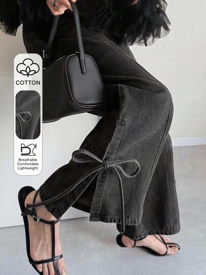 FRIFUL 女士时尚休闲蝴蝶结系带宽松牛仔裤