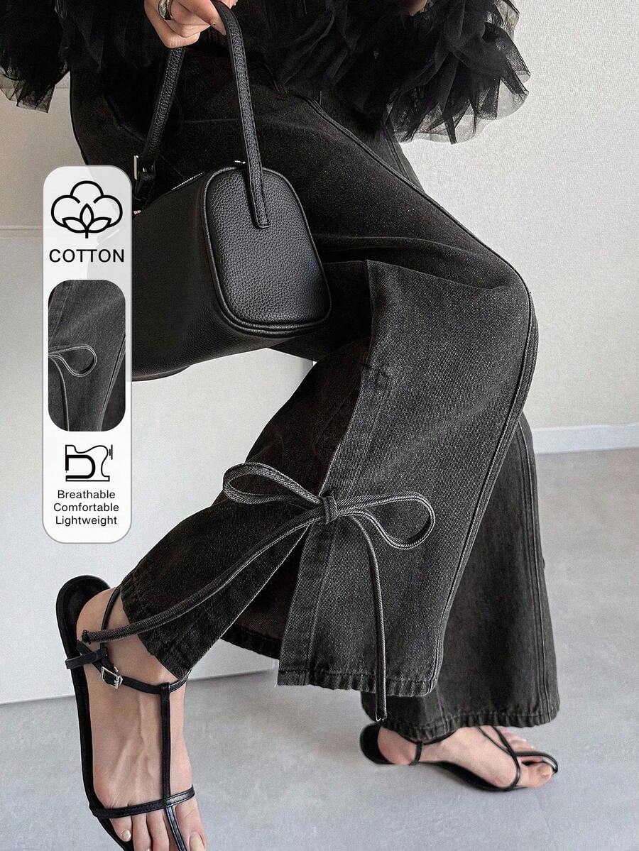 FRIFUL 女士时尚休闲蝴蝶结系带宽松牛仔裤 - 黑色 - 查看 1