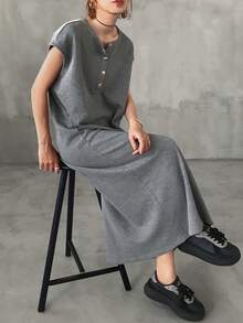 FRIFUL Women's Round Neck Half-Zip Straight Casual Street Long Dress Sundress Summer - Grey - View 6