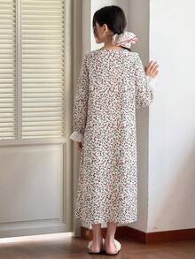 少女简约碎花V领长袖宽松休闲睡衣连衣裙，度假居家碎花长袖连衣裙 - 彩色 - 查看 2
