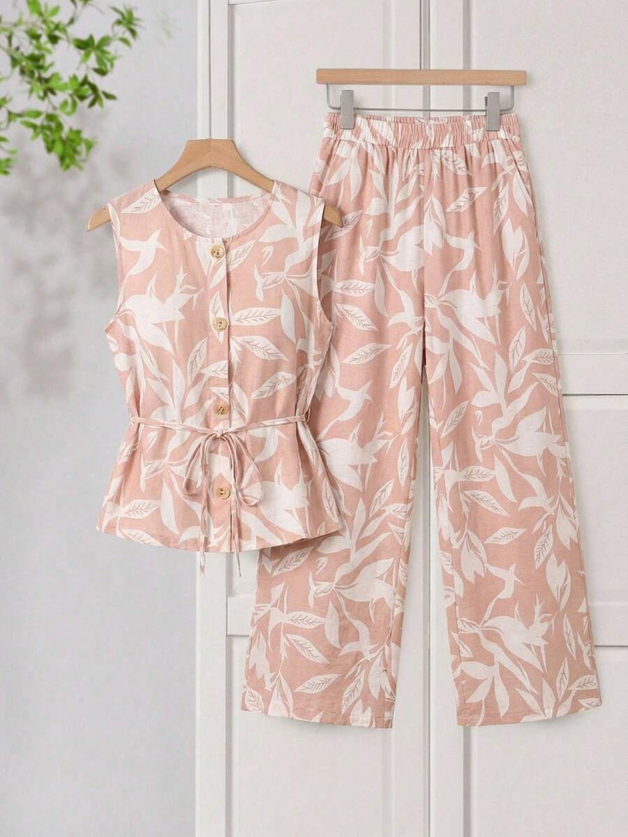 EMERY ROSE Conjunto de 2 piezas de camiseta sin mangas y pantalones con estampado de plantas para vacaciones de mujer - Caqui - Ver 1