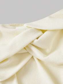 SHEIN MOD Áo nữ màu trơn, kiểu trễ vai, thắt eo phía trước - Màu be - Xem 6