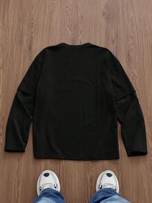 SWAVVY Men's Knit Casual Daily Young English Print Patchwork Loose Long Sleeve T-Shirt - Black - View 4