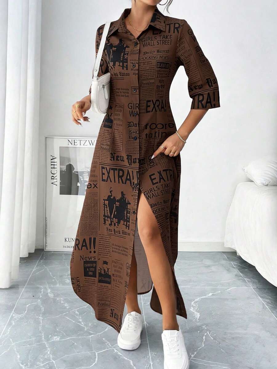 EMERY ROSE Women's Summer Slogan Print 3/4 Sleeve Casual Dress Maxi Women Outfit - Brown - View 1