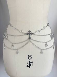 ROMWE Goth 女士银色多层链条腰链，双面设计，日常佩戴可选，派对佩戴朋克风、哥特风、暗黑风腰链，五角星代表你的爱，翅膀花朵骷髅镂空五角星，双面多层链条腰链 - 銀色五角星十字架腰鏈 - 查看 6