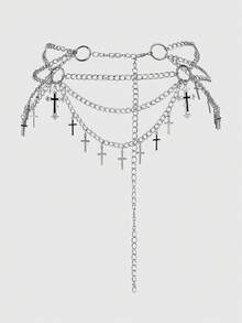 銀色滴油十字架多層鏈條腰鏈