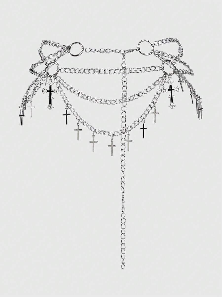 ROMWE 1-Piece Women's Silver Multi-Layer Chain Waist Chain Daily Wear Optional Party Wear Punk Style Goth Style Ins Style Waist Chain Oil Drop Rhinestone Cross Circle Multi-Layer Chain Decorative Aluminum Alloy Multi-Layer Chain Waist Chain - Silver oil cross multi-layer chain waist chain - View 1