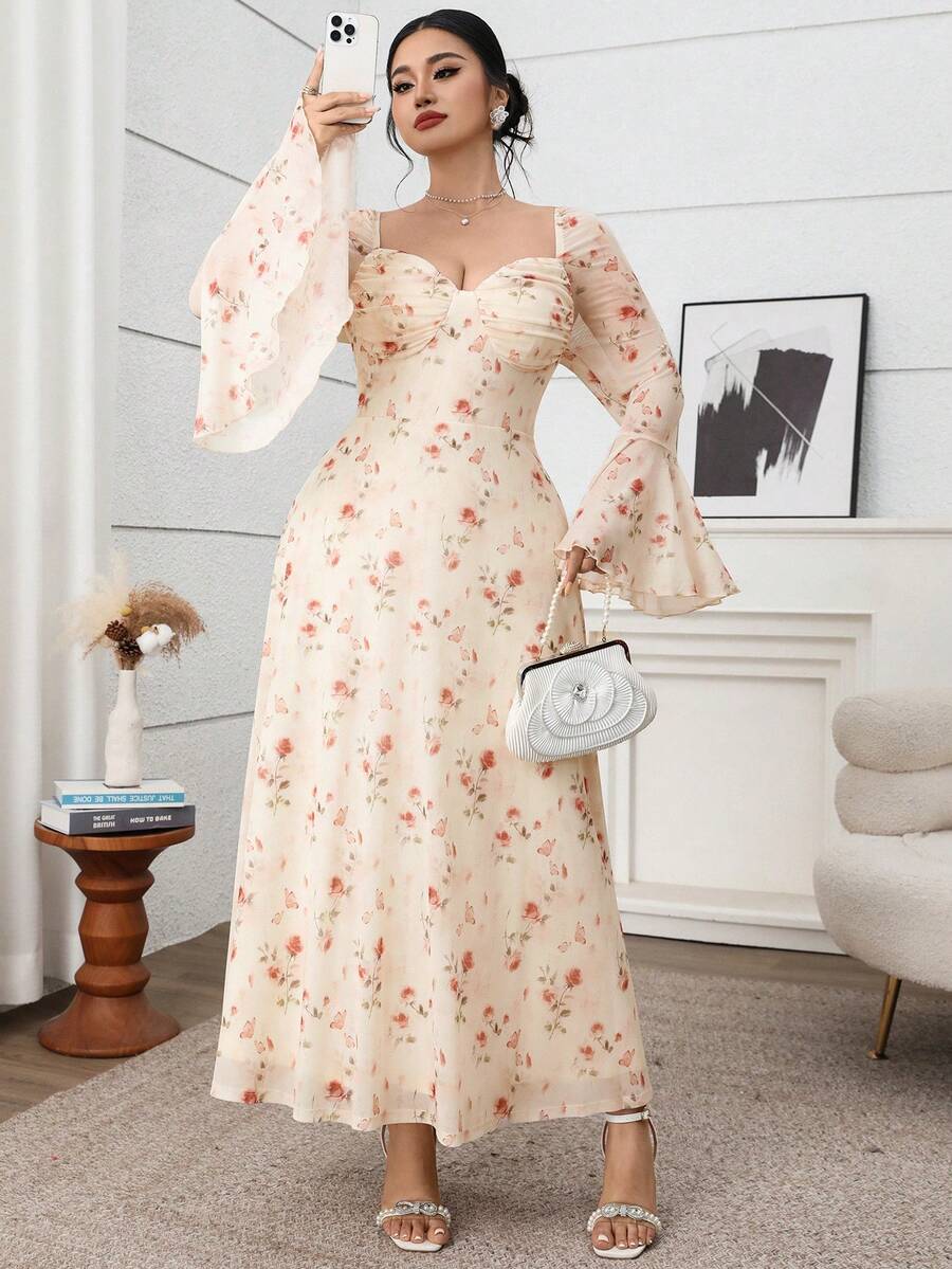Feyla Plus Size Women Floral Print Sweetheart Neck Flare Sleeve Elegant Dress Formal Wedding Guest Pink Autumn Fall