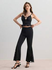 SilkySpell 镂空后背蕾丝拼接性感吊带睡衣睡衣套装 - 黑色 - 查看 4