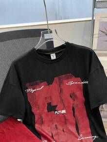 SHEIN 2pcs/Set Teen Boys' Streetwear Casual Black Contrast Color Short Sleeve T-Shirt And Shorts Set,Punk Rock Preppy Style Summer Abstract English Print - Red - View 4