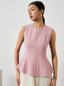 EastFlair Camiseta de cuello redondo sin mangas de unicolor y minimalista para mujer, uso casual diario - Rosa - Ver 7