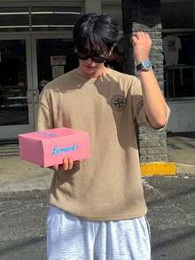 DAZY Khaki Letter Print Short Sleeve T-Shirt For Men, Summer - Khaki - View 4