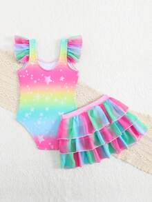 SHEIN Toddler Girls Unicorn Cartoon Print 2-Piece Swimsuit,Rainbow Gradient Sleeveless One-Piece & Multi-Layer Mesh Cake Skirt Set,Summer Beach Holiday - Baby Pink - View 2