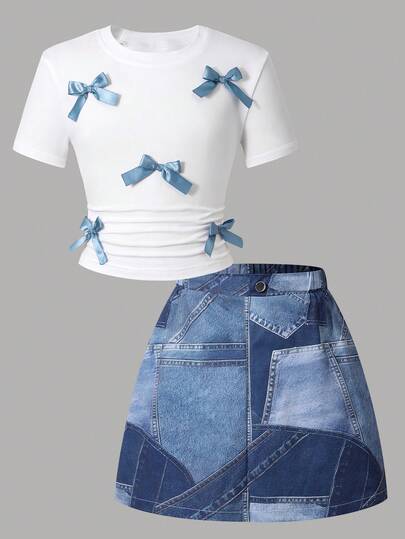 SHEIN Set de 2 piezas: Blusa con decoración de moño dulce y linda + Falda vaquera casual, adecuado para salidas y vacaciones de primavera/verano
