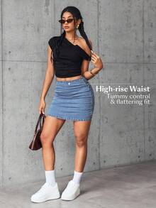 SHEIN EZwear Minifalda de mezclilla ajustado con cintura elástica y plisada, adecuada para el uso diario en verano - Lavado ligero - Ver 5
