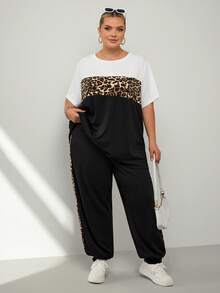 SHEIN CURVE+ Plus Size Casual Solid Color Batwing Top And Floral Print Pants 2 Piece Set,Vacation/Summer/Spring - Multicolor - View 5