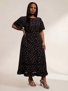 ELLERISSA Curve Elegant Lace Insert Midi Dresses For Women, Black Floral Print Button Down A Line Dress, Casual Summer Wear, Work Dress, Plus Size Dresses For Women, Office Outfits, Everyday Wear, Floral Midi Dress, Lace Trim Dress, Vacation Outfits, Lace Trim Dress - Black - View 4