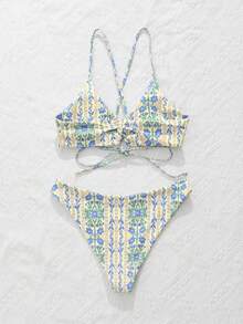 Swim Mod Women's Summer Beach Floral Print Sexy Bikini Set, Wireless - Pale Yellow - View 2
