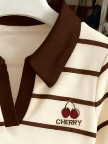 Resyla Plus Size Cherry Print Striped Short Sleeve Casual Shirt, Summer - Multicolor - View 3