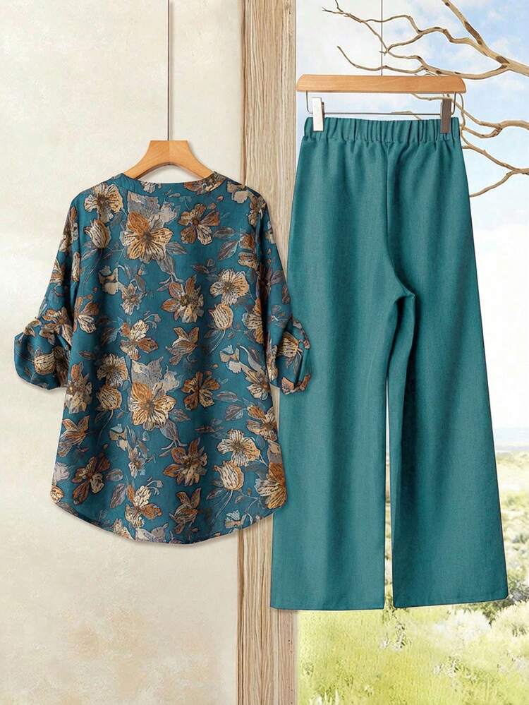 2 Pieces Set Plus Size Women's Floral Print Long Sleeve Shirt And Blue Color Pants Set, Casual Country Style For Vacation, Autumn,Going Out Tops,Fall Women Clothes Country Outfit,Fall Clothes For Women,Vintage,Going Out Outfits, New Clothes,Flower/Spring/Summer