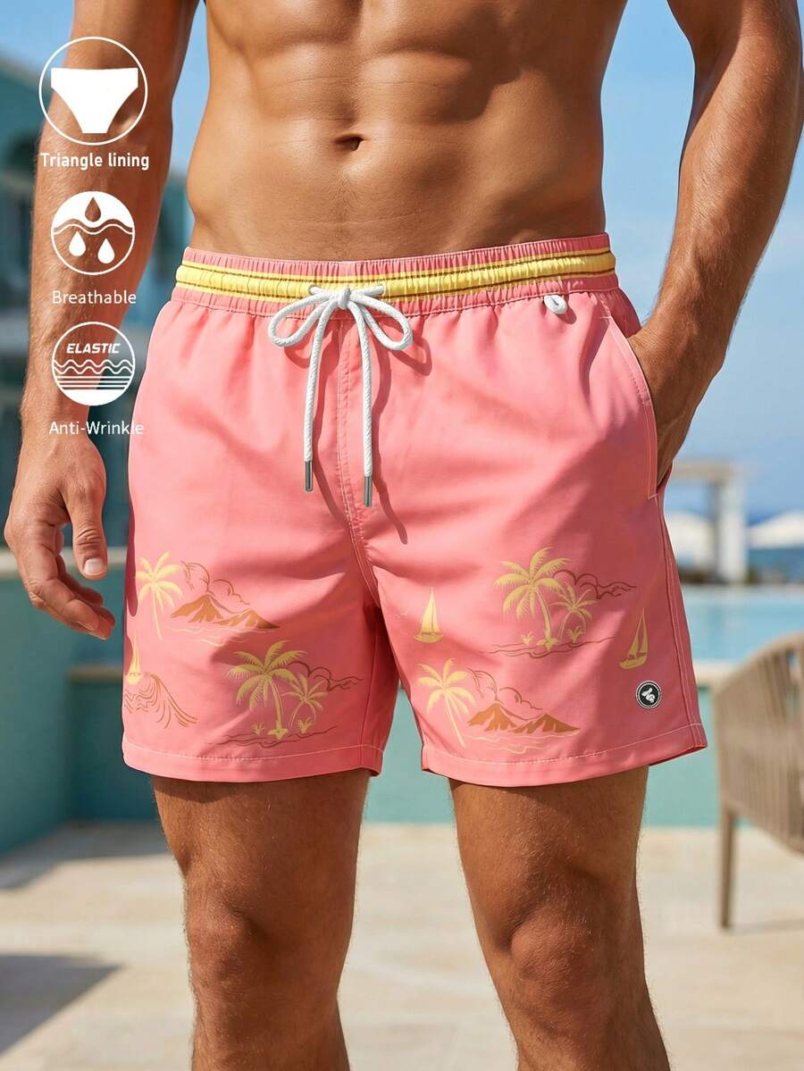 Manfinity Swimmode 男士撞色弹力腰抽绳休闲沙滩裤,带口袋,宽松版型 - 粉色 - 查看 1