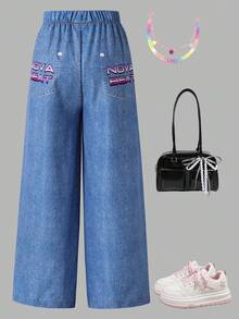 SHEIN Quần ống rộng cạp chun in hình hoạt hình phong cách thường ngày dành cho bé gái tuổi teen, kiểu dáng rộng rãi thoải mái, phù hợp cho mùa thu, xuân, hè, mặc hàng ngày, đi làm, hoạt động ngoài trời, bóng rổ, bóng đá, đi học, phong cách đường phố, dự tiệc, chụp ảnh. - Màu xanh lam - Xem 2