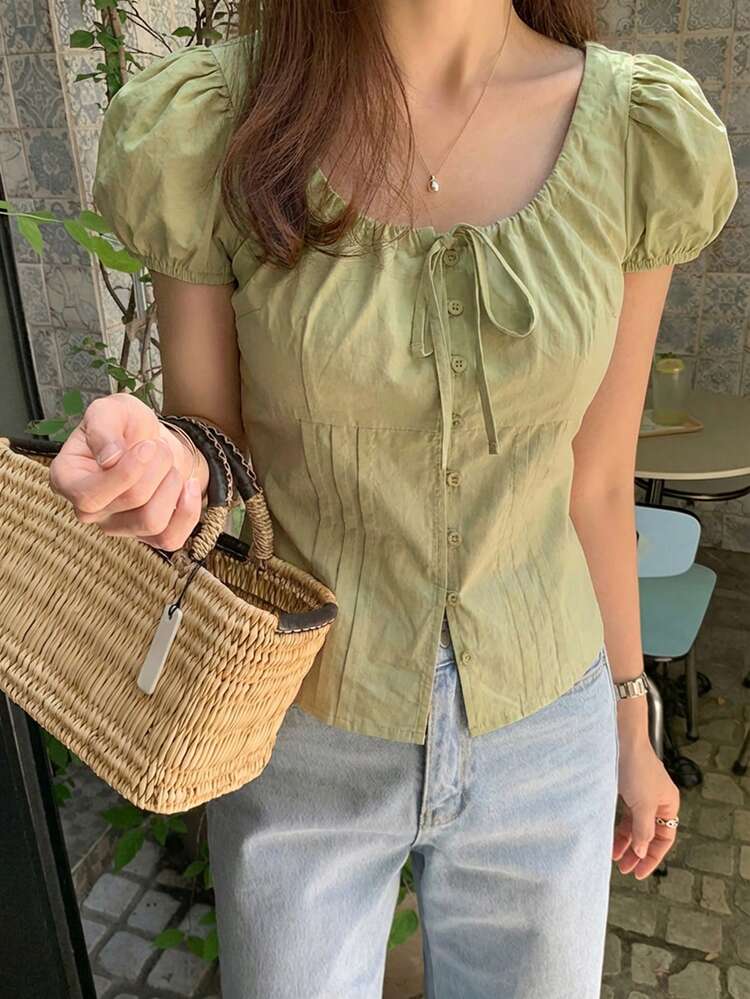 Women's Solid Color Fitted Tie-Waist Petal Sleeve Fitted Short Sleeve Blouse, Pink, Spring/Summer