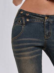 ROMWE Y2K Baddie Music Festival Outfit Low Rise Distressed Skinny Jeans With Slogan Embroidery And Studs - Black - View 6
