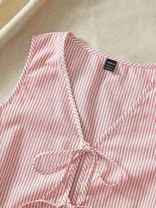 KARISMINA 2 piezas Conjunto informal de mujer con top corto y pantalón corto holgado de cintura alta con estampado de rayas tejido - Rojo y blanco - Ver 3