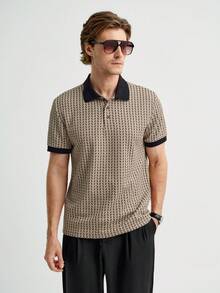 MENRIVO 针织短袖提花 Polo 衫，休闲时尚 Polo 衫，撞色领 - 卡其色 - 查看 3
