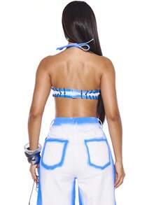 MUSERA Contrast Washed Eyelet Denim Bralet Top Only Sexy Summer Spring Rave Festival Holiday Vacation Party Going Out Tripp - Blue and White - View 2