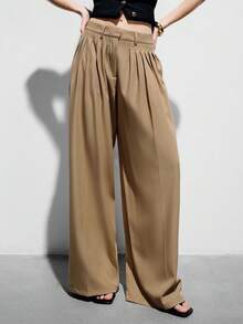 Aveloria Modichic 简约优雅高品质女士日常通勤百搭奢华褶裥直筒裤 - 卡其色 - 查看 1