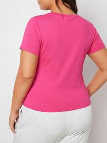 SHEIN BASICS Plus Size Women's Solid Color Round Neck Short Sleeve T-Shirt,Hot Pink Summer Smart Casual Everyday Fitted Basic Plain Tops For Commuting Home Wear - Hot Pink - View 3