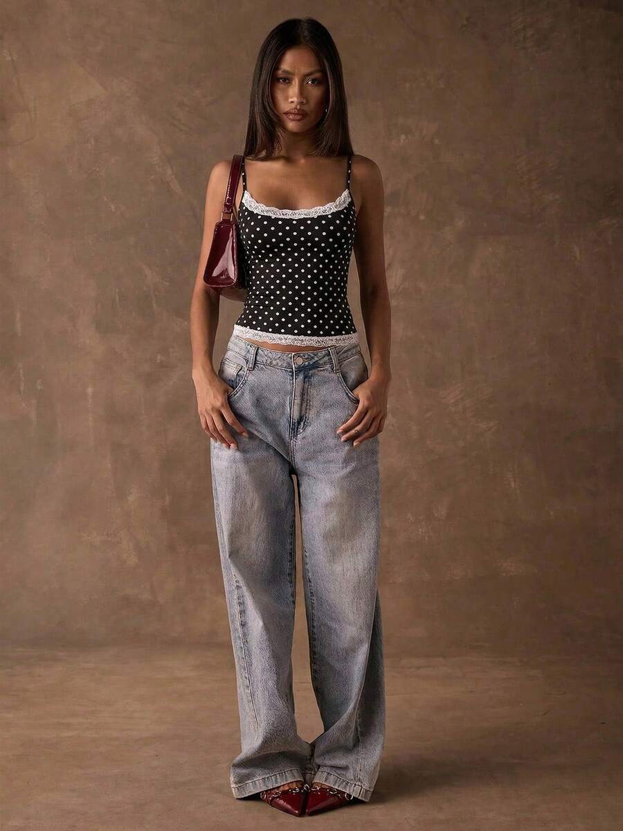SHEIN BAE 女款 2000 年代蕾絲拼接黑白波點細肩帶背心上衣,修身夏季夜生活上衣,可愛百搭休閒時尚夏季上衣 - 黑色 - 查看 1