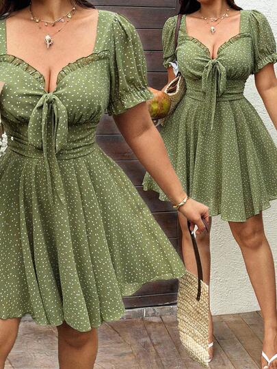 Sunnyshic Đầm ngắn tay họa tiết hoa nhí màu xanh lá cây dành cho nữ cỡ lớn, thích hợp mặc đi nghỉ mát và đi làm, mùa hè.