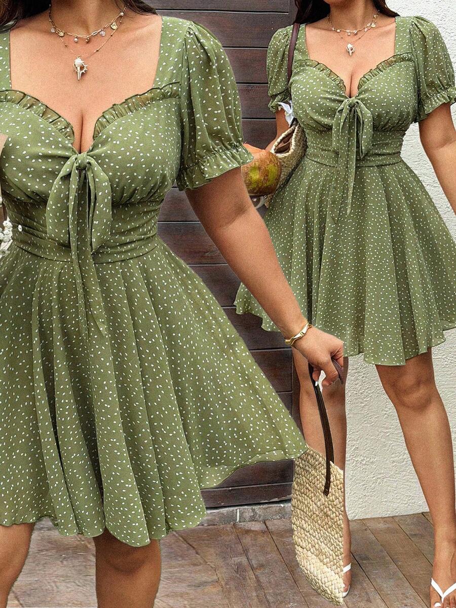 Sunnyshic 大码女式绿色碎花休闲度假通勤短袖连衣裙，夏季 - 彩色 - 查看 1