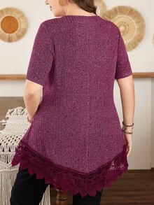 Lacomfia Women's V-Neck Short Sleeve Fitted Asymmetrical Hem Lace Patchwork Versatile Elegant Plus Size T-Shirt - Burgundy - View 2