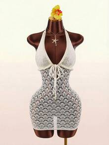 Amplova Women's Hollow Out Backless Halter Mini Dress, Suitable For Beach Vacation - Apricot - View 5
