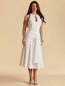 SHEIN BAE Đầm ôm sát không tay chấm bi đen trắng, thích hợp cho khách dự đám cưới, kỳ nghỉ biển, kiểu dáng thanh lịch. - trắng - Xem 5