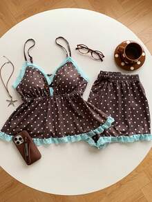 Comfortcana 女士蕾丝边波点吊带背心和短裤休闲套装 - 棕色 - 查看 7