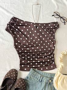 Áo croptop dệt kim màu trắng dành cho nữ tuổi teen, kiểu dáng tối giản, họa tiết chấm bi, dáng bất đối xứng, xếp ly, thích hợp cho mùa xuân/hè, phong cách thường ngày, cá tính. - màu nâu - Xem 6