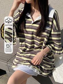 FRIFUL Women's Polo Collar Ruffle Hem Loose Colorful Striped Patchwork Short Sleeve T-Shirt, Summer Oversized Graphic Tees Women - Multicolor - View 1