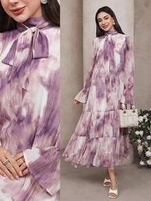 Veilorie 女士优雅扎染喇叭袖阿拉伯风格连衣裙，端庄 - 彩色 - 查看 7