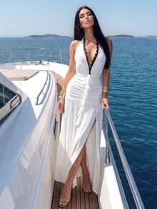 Lureya Đầm maxi nữ thời trang cổ chữ V sâu, hở lưng, xếp ly, xẻ tà cao, kiểu dáng thanh lịch, gợi cảm, thích hợp cho tiệc tùng hoặc đi biển. - Nhiều màu - Xem 1