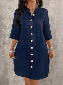 EMERY ROSE Vestido casual con cuello en V y botones delanteros para tallas grandes - azul real - Ver 4