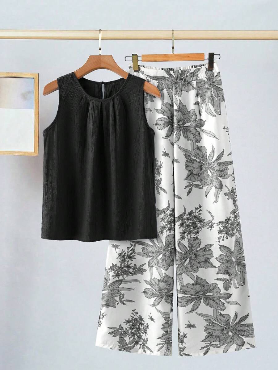 SHEIN Clasi 女士圆领无袖宽松褶皱蓝色印花阔腿裤套装,优雅百搭,适合日常穿着、度假和春夏穿着。 - 黑與白 - 查看 1